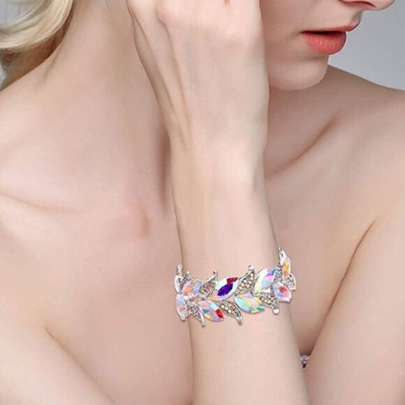 Silver and Iridescent AB Austrian Crystal Leaf Stetchable Bracelet Bangle - Picture 4 of 5
